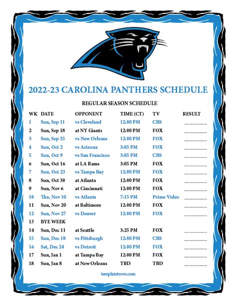 Carolina Panthers Printable Schedule