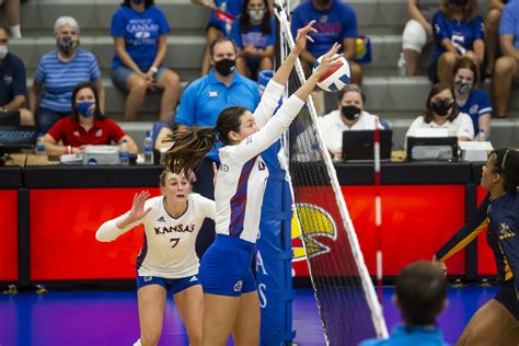 Kansas volleyball middle blocker Caroline Crawford rises up for a swing in the NCAA Tournament, on Dec. 2, 2021, in Omaha, Neb. Sources close to the Kansas volleyball program confirmed to the Journal-World on Friday night that reports of sophomore middle blocker Caroline Crawford’s plans to transfer were accurate.. 