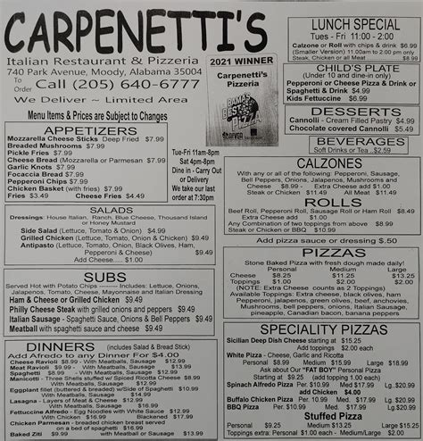 The actual menu of the Carpenetti's pizzeria. Prices and visitors' opinions on dishes. Log In. ... #1 of 49 places to eat in Moody. L & L Asian Restaurant menu. 