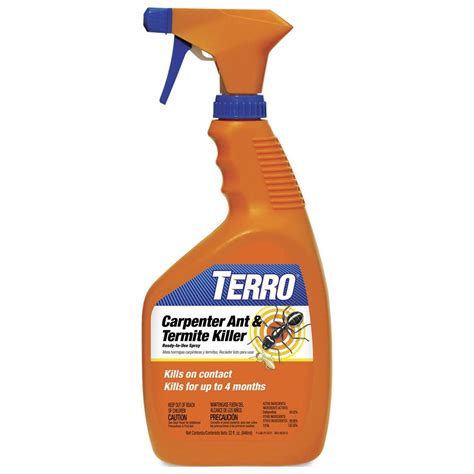 Carpenter ant spray. Wipe out carpenter ants, termites and other unwelcome pests with TERRO ® Carpenter Ant & Termite Killer. This convenient aerosol spray kills on contact and provides long-lasting residual control, continuing to kill pests up to one month. TERRO ® Carpenter Ant & Termite Killer features a non-staining spray that leaves behind no unpleasant odors. 