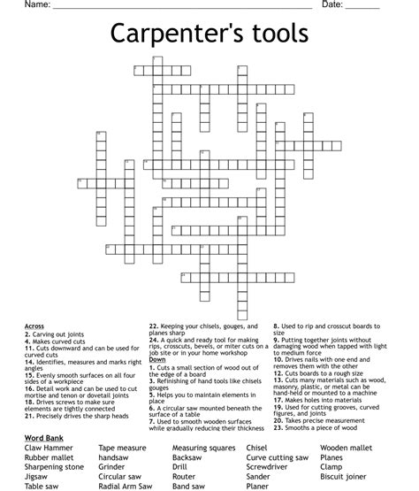 Carpentry tools Crossword Clue. The Crossword Solver found 30 answers to "Carpentry tools", 6 letters crossword clue. The Crossword Solver finds answers to classic crosswords and cryptic crossword puzzles. Enter the length or pattern for better results. Click the answer to find similar crossword clues . A clue is required.
