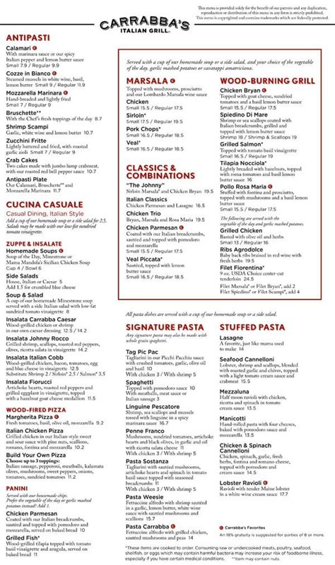 View the menu for Carrabba's Italian Grill and restaurants in Fredericksburg, VA. See restaurant menus, reviews, ratings, phone number, address, hours, photos and maps.