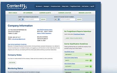 Carrier 411. Company Snapshot. The Company Snapshot is a concise electronic record of a company’s identification, size, commodity information, and safety record, including the safety rating (if any), a roadside out-of-service inspection summary, and crash information. The Company Snapshot is available via an ad-hoc query (one carrier at a time) free of ... 