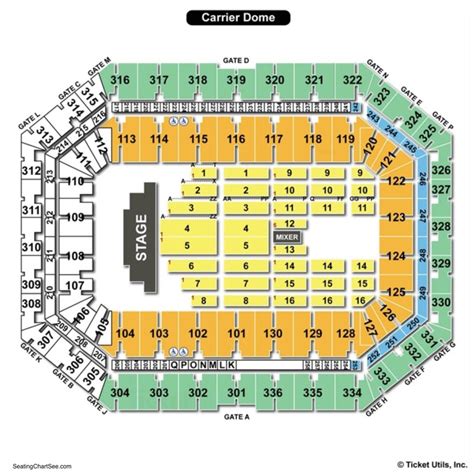 The Carrier Dome seating chart is divided into two sections: lower and upper. The lower section consists of approximately 15,000 seats, which are divided into sections A-L. Seats in sections A-D are the closest to the stage, with sections E-I in the center of the lower bowl and sections J-L at the back.. 