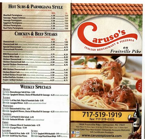 Caruso's Italian Kitchen Menu Info. Calzones, Dinner, Lunch Specials, Pasta, Pizza, Seafood $$$$$ $$$ Grubhub generally charges restaurants a commission of 10% to go toward the cost of providing delivery services. 13737 Foothill Blvd Sylmar, CA 91342 (818) 361-7500. Hours. Today. Pickup: 11:00am-12:00am.. 