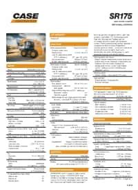Case sr175 specs. Specifications. Engine . Number Of Cylinders. 3. Engine Make. 2240. Engine Model. 3029T. Gross Power. 64.4 hp. Net Power. 61 hp. Power Measured @ 2400 rpm. Displacement. 179 cu in. Operational . Operational Weight. 6250 lb. Fuel Capacity. 15 gal. Cooling System Fluid Capacity. 2.8 gal. ... Case SR175. Net Power 57 hp. Operating … 