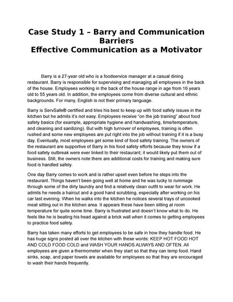 Case study 1 barry and communication barriers. - Measuring and improving organizational productivity a practical guide.
