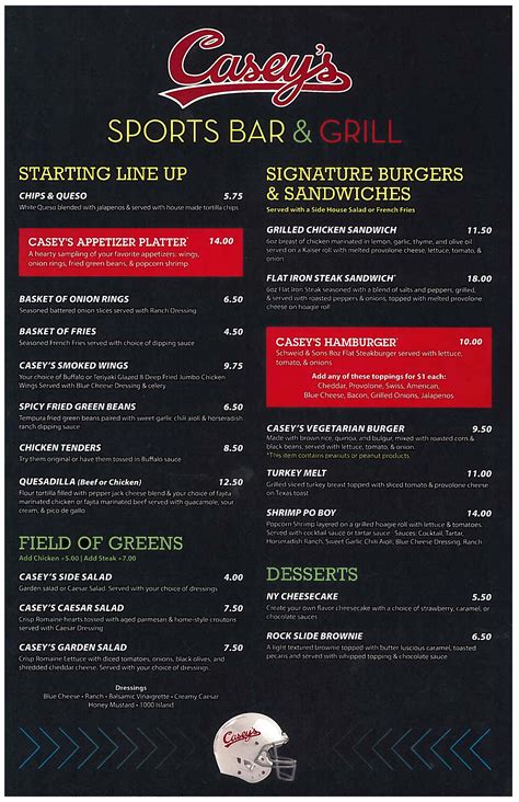 Caseypercent27s sports grill birmingham menu. General Info. 720 29th St S. Birmingham, AL 35233. 205-323-9786. Happy hour Monday through Friday with unbeatable drink specials. Every Tuesday night is our famous, no sauce, baby back rib special night (hurry in, these sell like hot cakes). Live music on the weekends, we are your go to spot for good food, great times and awesome memories. 