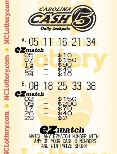 Cash 5 ez match nc. Cash 5 is North Carolina's daily rolling jackpot game. Jackpots start at $100,000! ... Match Prize Wins *Rollover Advertised Jackpot estimate at time of draw: $120,000. ... Jackpot win sold in Charlotte. 5 of 5: $50,000: 1: 4 of 5: $500: 1: 3 of 5: $12: 103: 2 of 5: $3: 1325: Buy Now Online. Get to know Cash 5, Double Play and EZ Match. … 