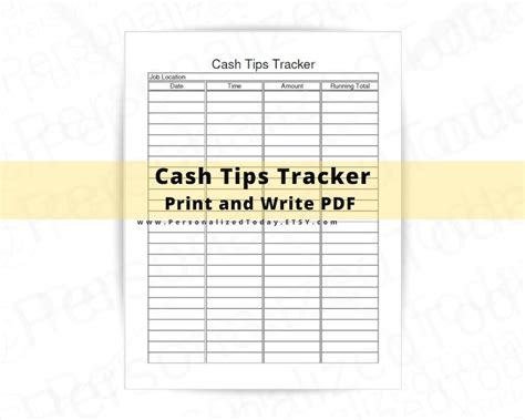 Cash Tips Tracker Fillable and Print and Write PDF Digital Etsy