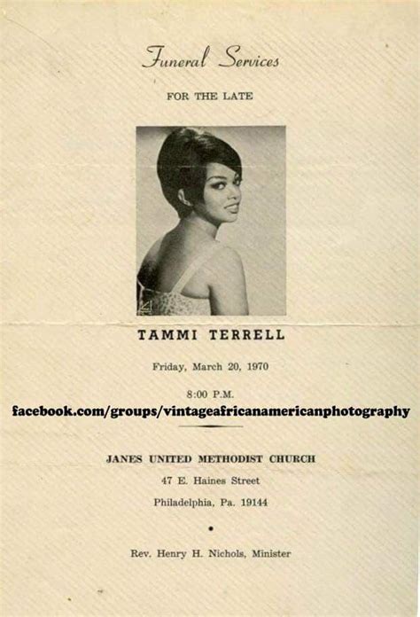 Casket tammi terrell funeral service. Sep 30, 2020 · Gaye Eulogizes Tammi, The Rest Of Motown Reportedly Banned From Funeral. Marvin Gaye delivered the eulogy at Tammi’s funeral and although he was very overwhelmed with grief and his voice repeatedly cracked throughout, he managed to beautifully eulogize the woman he viewed as a ‘sister,’ as their song, “You’re All I Need To Get By” played softly in the background. 