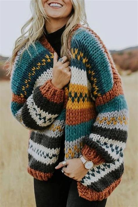 Casual Multi color Block Knitted Cardigans Pattern