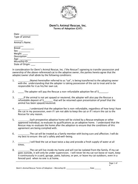 Cat Adoption Contract Demis Animal Rescue Form Fill Out and Sign