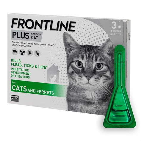  FRONTLINE Plus for Cats has been trusted by pet owners for over 20 years.** This month-long treatment is made for cats and kittens eight weeks or older, weighing 1.5 pounds and greater. Made with two active ingredients, fipronil and (S)-methoprene, this treatment breaks the flea life cycle by killing adult fleas as well as the eggs and larvae ... . 