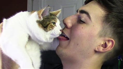 Cat licks man