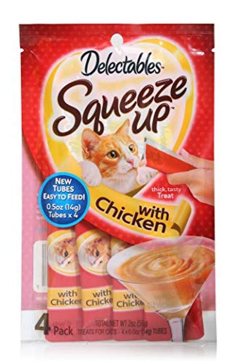 Cat treats in a tube. Gourmet wet cat treat allow you to hand-feed your feline, which creates an interactive and fun bonding experience. Features real chicken and tuna for the high-quality protein your kitty deserves. Just rip open the top and squeeze—makes the purr-fect reward, snack or tasty topper. Comes with 10, 0.5-ounce lickable treat … 