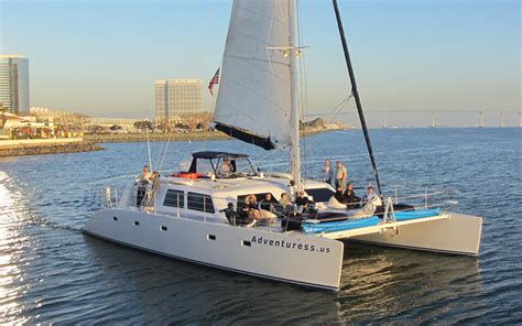 Catamaran san diego. The Adventuress Luxury Catamaran is a gorgeous 60' luxury yacht available exclusively for private charter. All excursions are customized for our guests and the Adventuress is certified to accommodate 2-48 guests. This yacht is ideal for: sailing tours of San Diego Bay, corporate entertaining and teambuilding, weddings, bachelor/bachelorette ... 