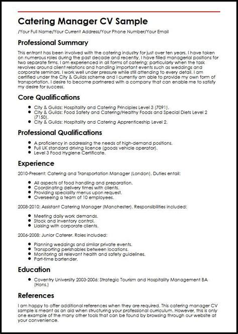 Catering Manager Cv Example Myperfectcv