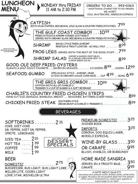 To view our menu go to www.catfishcharlies.net. Catfish Charlie's Restaurant, Corpus Christi, Texas. 6,546 likes · 39 talking about this · 33,325 were here. Catfish Charlie's Restaurant | Corpus Christi TX