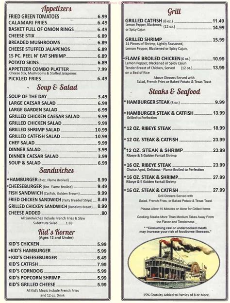 Catfish galley menu. Steaks USDA Choice. Served with house salad, french bread, and choice of baked potato or french fries. Chopped Sirloin 10 oz. Smothered with Onions & Cheese. Sirloin Tips. (Peppers & Onions or Mushrooms, served over Rice or Choice of Potato) Ribeye 10 oz. Prime Rib 10 oz. ( Friday & Saturday) 