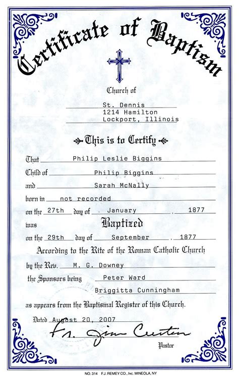 Catholic Baptismal Certificate Template