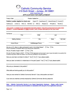 Catholic Community Service Application for Employment Fill and Sign