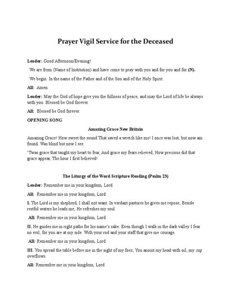 Catholic funeral vigil service. pdf), Text File (.  It includes opening prayers, scripture readi...