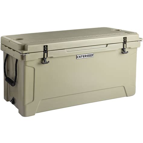 Catorgator. Built for the great outdoors, the CaterGator CG100TANW tan 110 qt. mobile rotomolded extreme outdoor cooler / ice chest keeps your food items cold for any occasion! This impressive feat is made possible with a triple insulated design, which boasts a layer of high-density polyethylene, a layer of polyethylene and foam, and a final layer of food-grade polyethylene. Plus, the rigid, tan exterior ... 