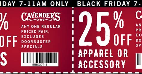 Cavenders in store coupon. Find a great selection of cowboy boots, hats, western apparel and accessories at the Cavender's Western Outfitter at 502 S. Range Line Rd in Joplin, MO. Stop by for in-store specials, promotions and other location-specific events. 