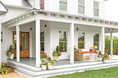Wood can be incorporated into any number of front porch features, such as doors, columns, shutters and furniture. 3. Black and White. Getty. A classic combo, black and white is popping on front .... 