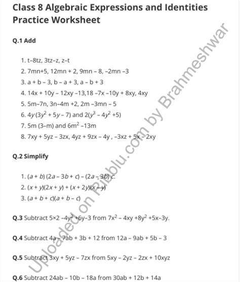 Cbse Class 8 Maths Algebraic Expressions Worksheets