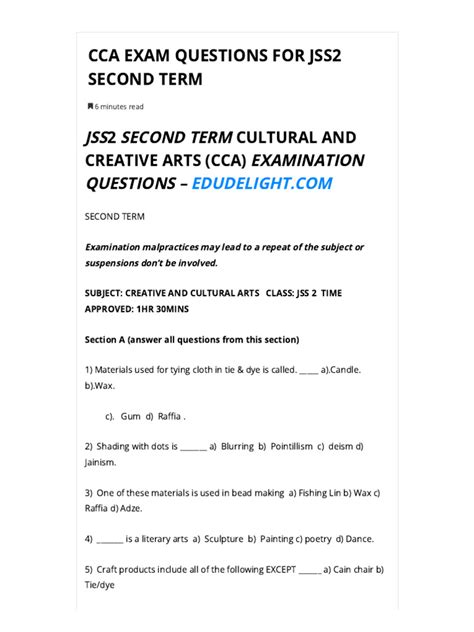 Cca exam questions for jss2 second term