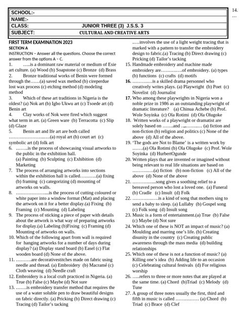 Cca exam questions for jss3 third term.  actions B.  JSS3 FIRST TERM CCA EXAM QUESTIONS...