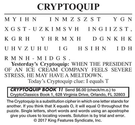 Cecil daily cryptoquip answer. Help and solution to the daily Cryptoquip Puzzle! Cryptoquip Answer for 04/06/2024. SGMQWP MVMGACDM….. (Please refer to your newspaper for complete puzzle.) ... Previous Previous post: Cryptoquip Answer for 04/05/2024. Next Next post: Cryptoquip Answer for 04/07/2024. 