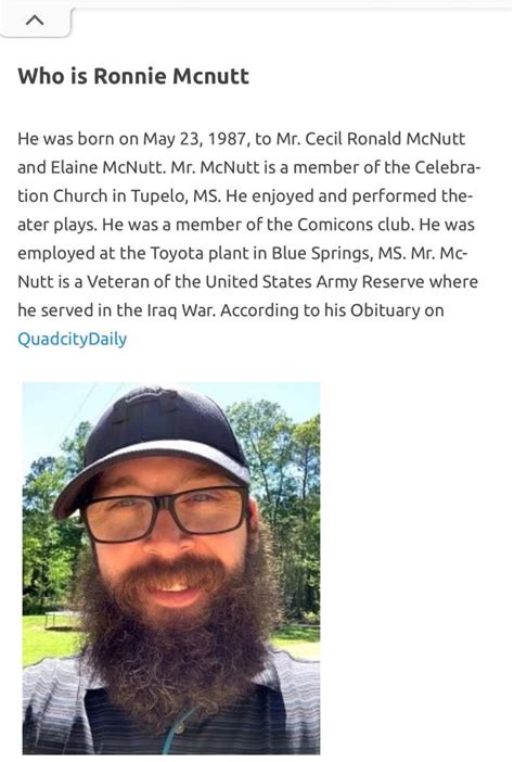 May 23, 2023 · His parents Cecil Ronald McNutt and Elaine McNutt and other family members were devastated to learn about his demise. He died on 31 st August 2020 by shooting himself in New Albany, Mississippi, U.S. He was 33 years old when he passed away. . Cecil ronald mcnutt