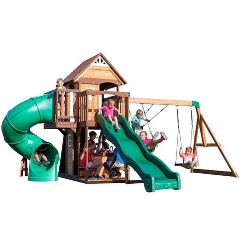 The Monterey is a unique, cedar playset that allows children two distinct upper and lower hideouts. The ground level includes an activity table with a bench and a clubhouse. An upper-level tree house-inspired fort features kid-friendly peepholes. ... Boredom is never an option with the Cedar Cove Wooden Swing Set by Backyard Discovery. This ....