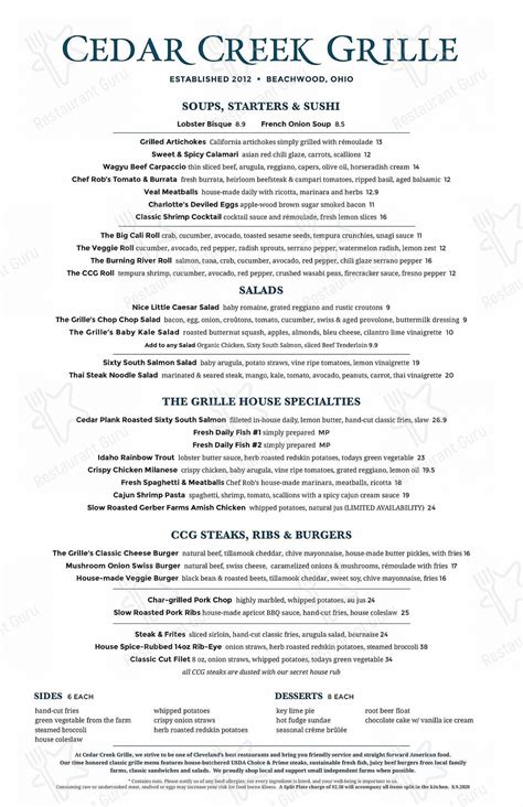 Cedar creek grille beachwood menu. 36 restaurants available nearby. 1. Austin's Smokin' Steakhouse. Awesome ( 691) $$$$. • American • Mayfield Village. Booked 10 times today. Austin's Smokin' Steakhouse is a beloved locale for aficionados of steakhouse cuisine. The restaurant has earned praise for its excellent steaks and the distinctive flavor of its meats, which set it ... 