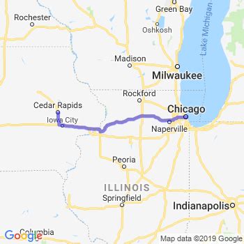 Distance between Chicago IL and Cedar Rapids IA. The distance from Chicago to Cedar Rapids is 246 miles by road including 244 miles on motorways. Road takes approximately 3 hours and 45 minutes and goes through Davenport, Iowa City, Forest Park, Oak Park, Maywood, Bellwood and Hillside.. 