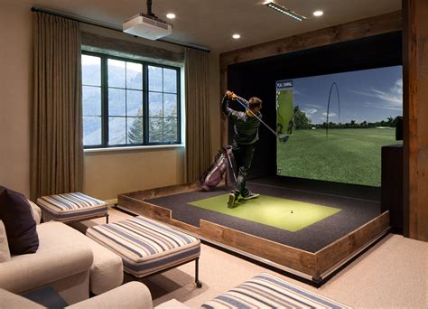 Ceiling height for golf simulator. We discuss the minimum ceiling height for a golf simulator in much more detail in our dedicated post here. Narrow rooms lead to alignment problems. A narrow golf simulator room will also contribute strongly to indoor swing syndrome. Golfers suffer similar anxiety about hitting their wall than they do their ceiling. 