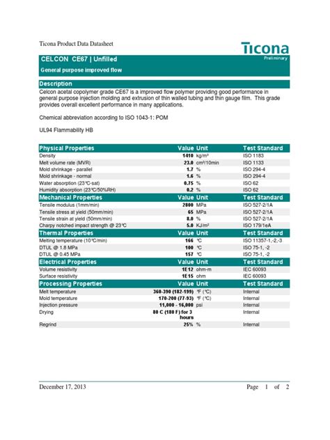 Celcon CE67 Data Sheet PDF Materials Chemistry