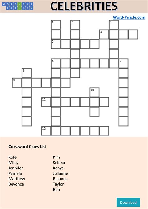Celebrities crossword clue. Crossword Clue. The Crosswordleak.com system found 13 answers for haute couture celebrities crossword clue. Our system collect crossword clues from most populer crossword, cryptic puzzle, quick/small crossword that found in Daily Mail, Daily Telegraph, Daily Express, Daily Mirror, Herald-Sun, The Courier-Mail and others popular newspaper. 