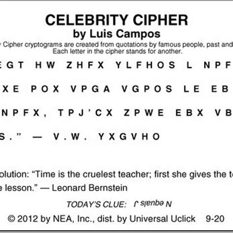 The Celebrity Cipher is a syndicated game that asks readers to decipher a celebrity quote by solving a puzzle in which each letter is replaced by a different letter. The Citizen publishes the Celebrity Cipher on the same page as the Sudoku, daily horoscopes, and "Dear Abby" advice column. FDC did not immediately respond to a request for .... 