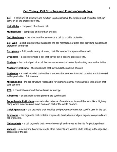Cell Structure and Function Vocabulary