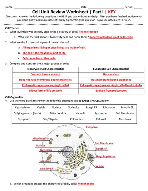 Cell Unit Review Worksheet Part I KEY