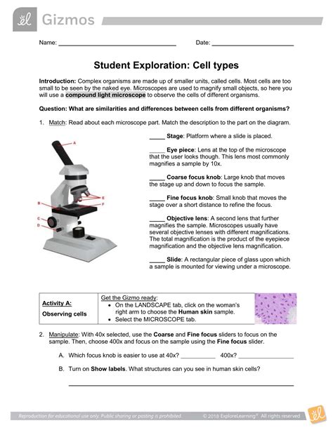 Cell types gizmo answers from the explore learning website. name: date: student exploration: cell types directions: follow the instructions to go through the ... Answer KEY Cells INB - Here uu goo ml; Cell Structure Gizmo Student Doc; Plan an Investigation Guide - Exercise and Homeostasis - Student Guide ... Activity A: Observing cells Get the ...