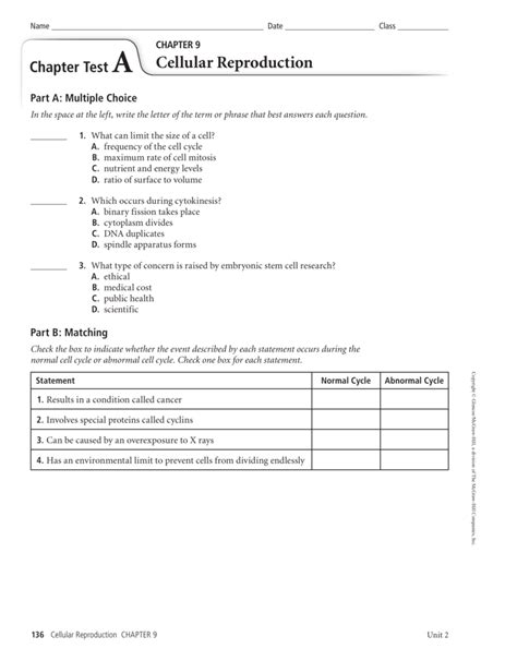 Cellular Reproduction Chapter Test B Answer Key