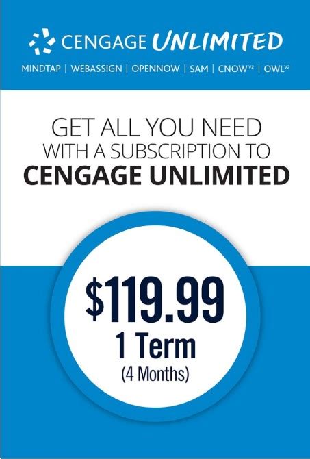 Jun 22, 2018 · Subscribe and save on all your course materials with Cengage Unlimited. For one price, you ll get access to all your Cengage online homework platforms like MindTap, WebAssign, OpenNow, SAM, CNOWv2 and OWLv2, plus&#58;Access to all the Cengage eTextbooks you need for your Cengage courses + our... . 