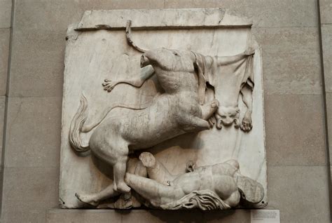 Details Title: Parthenon sculpture: Centaur and Lapith Date Created: -447/-438 Physical Dimensions: Height: 134.50cm; Width: 134.50cm; Depth: 41.50cm External Link: British Museum collection.... 
