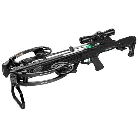 Featuring a sleek black design and made with durable aluminum material, the CenterPoint Wrath 430X Crossbow is a top-of-the-line choice for any serious hunter. 9" axle-to-axle cocked, 13" uncocked. Folding stirrup.. 