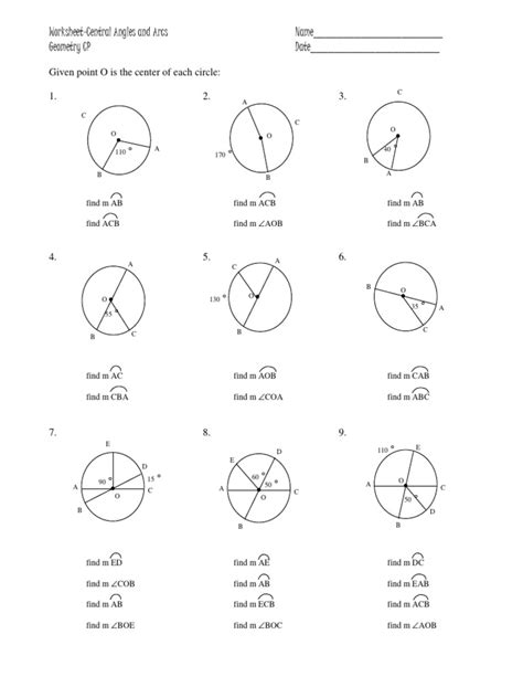 Central and Inscribed Angles and Arcs Worksheet PDF Triangle